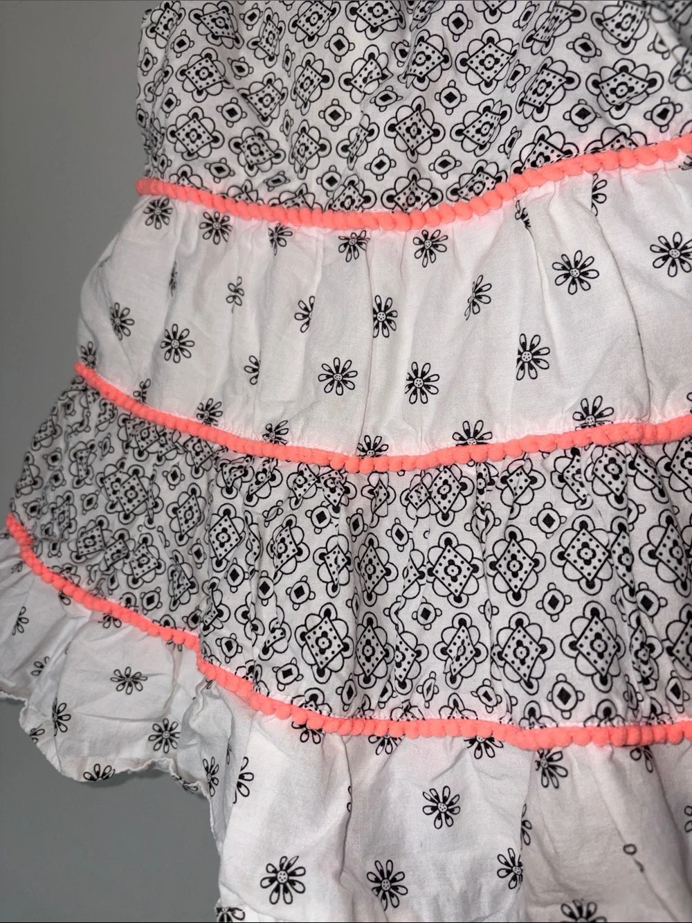 Girls White & Black Floral Tiered Dress with Neon Pink Trim 12-18 months